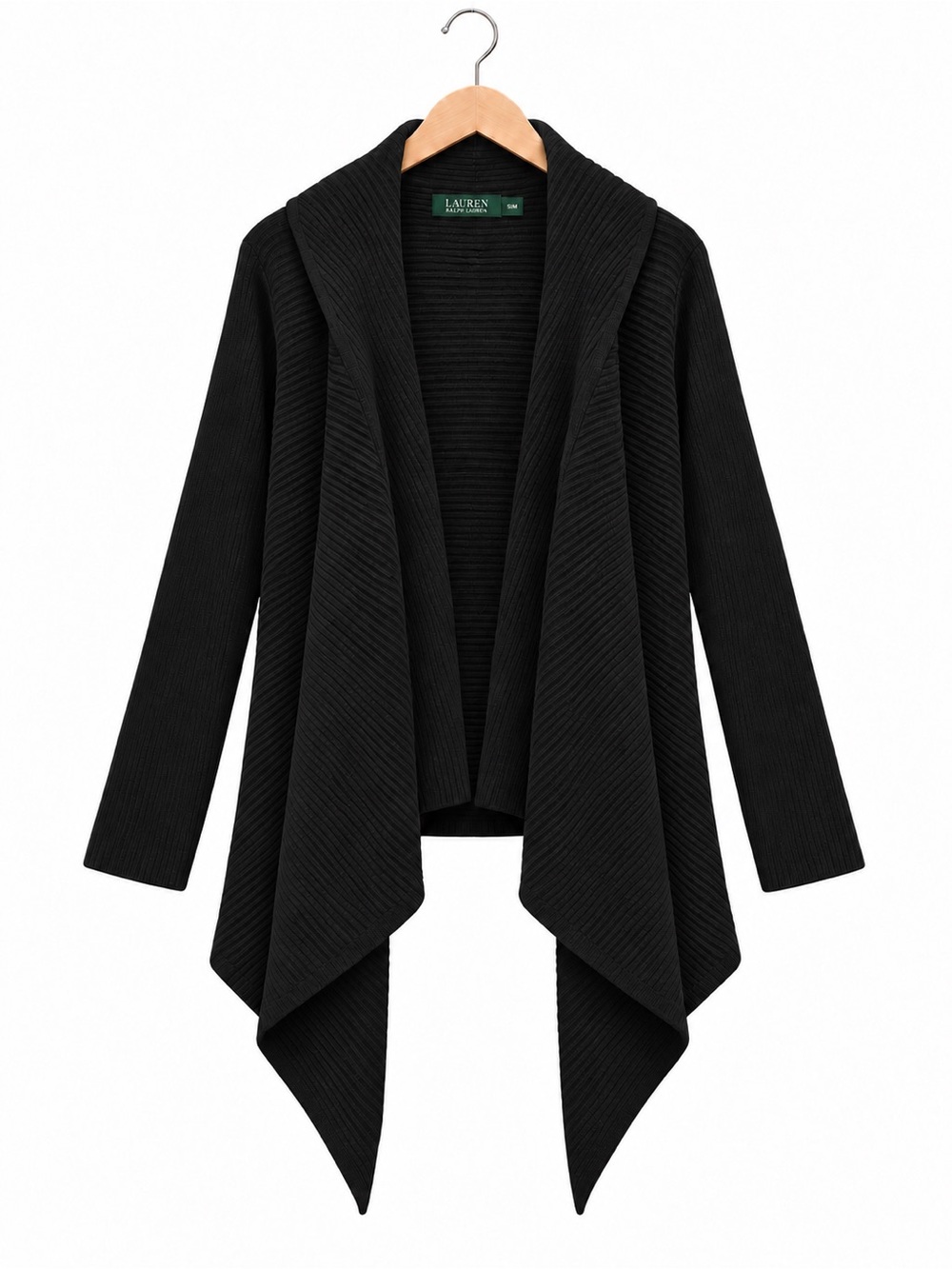 Ralph Lauren Black Heavy Ribbed Knit S/M  Waterfall Cardigan Open Front Sweater